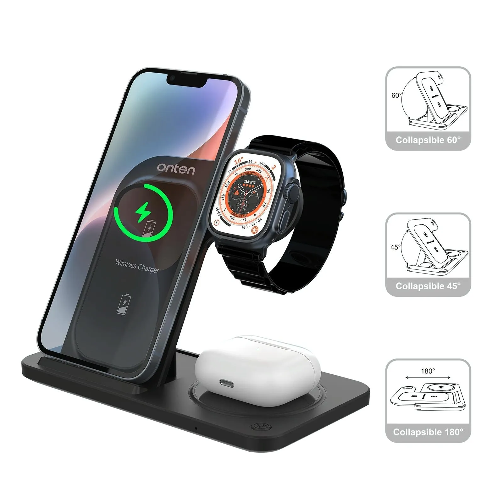 3 In 1 Folding Wireless Charger Black