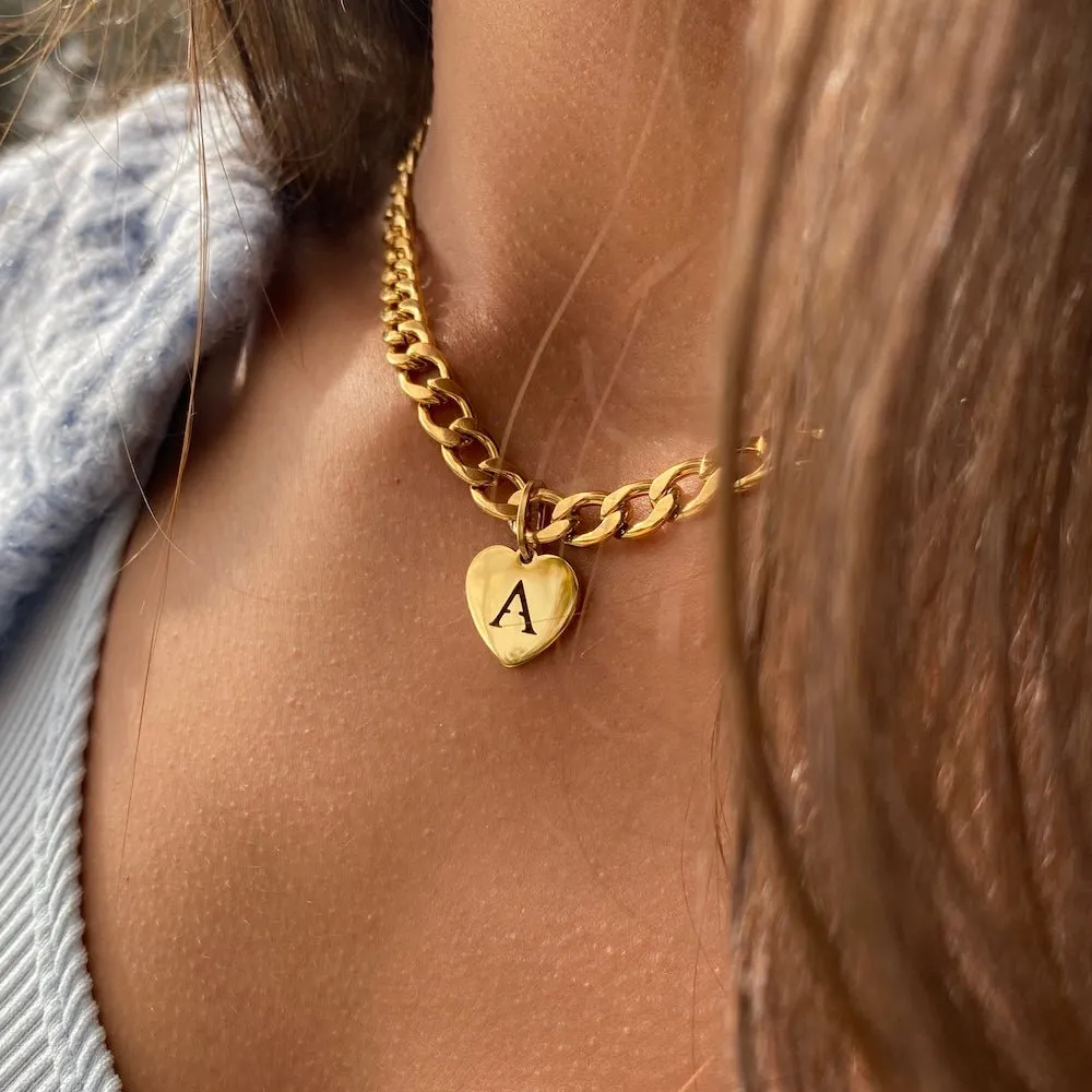 Bold Necklace with Initial Letter Heart Pendant
