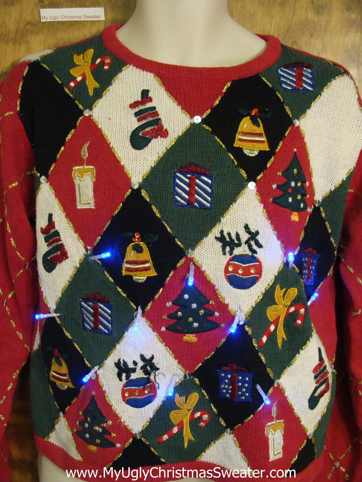 Diamond Pattern Grid of Fun Tacky Xmas Sweater with Lights