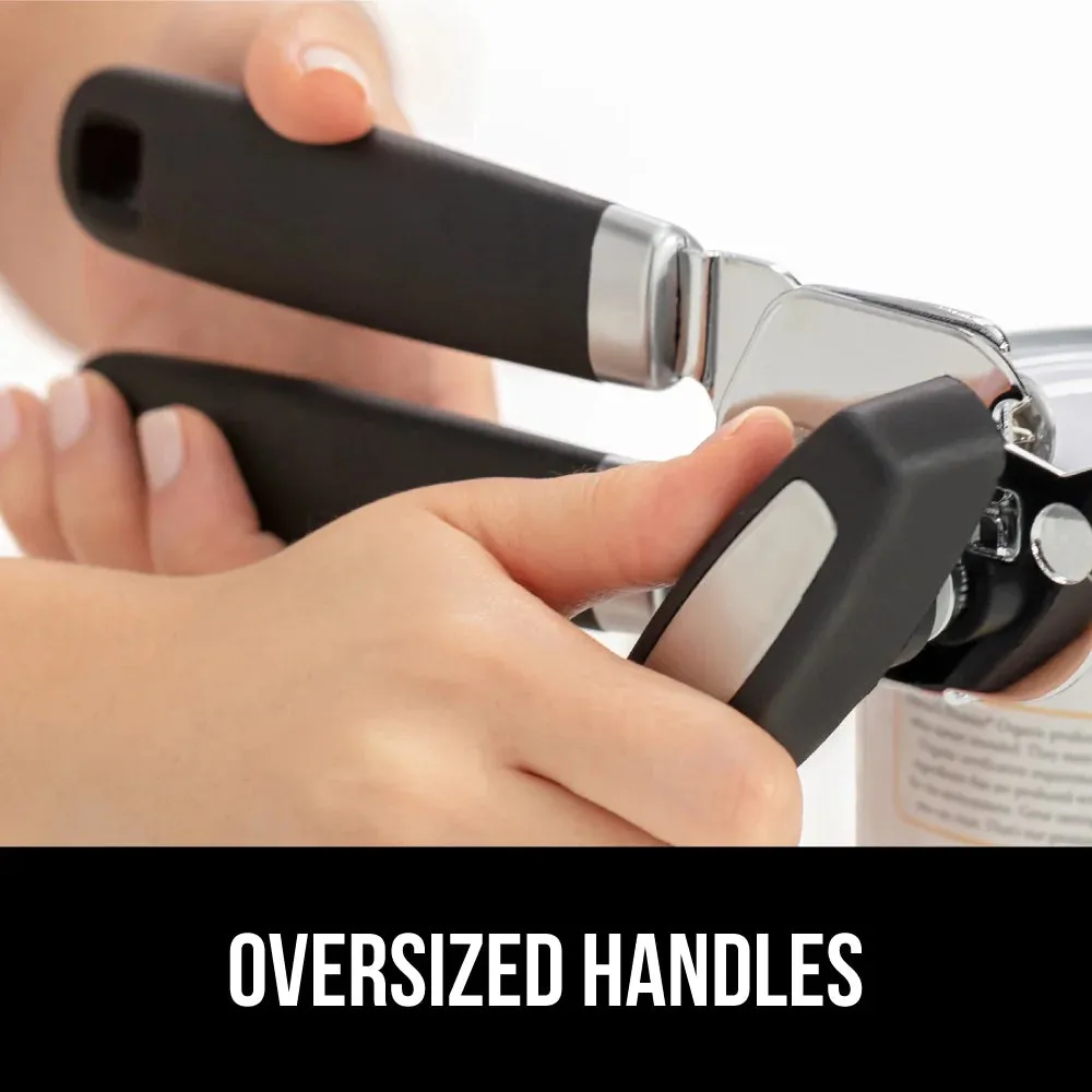 Gorilla Grip Stainless Steel Manual Can Opener, Soft Touch Handle, Large Turn Knob, Built-In Bottle Opener, Black