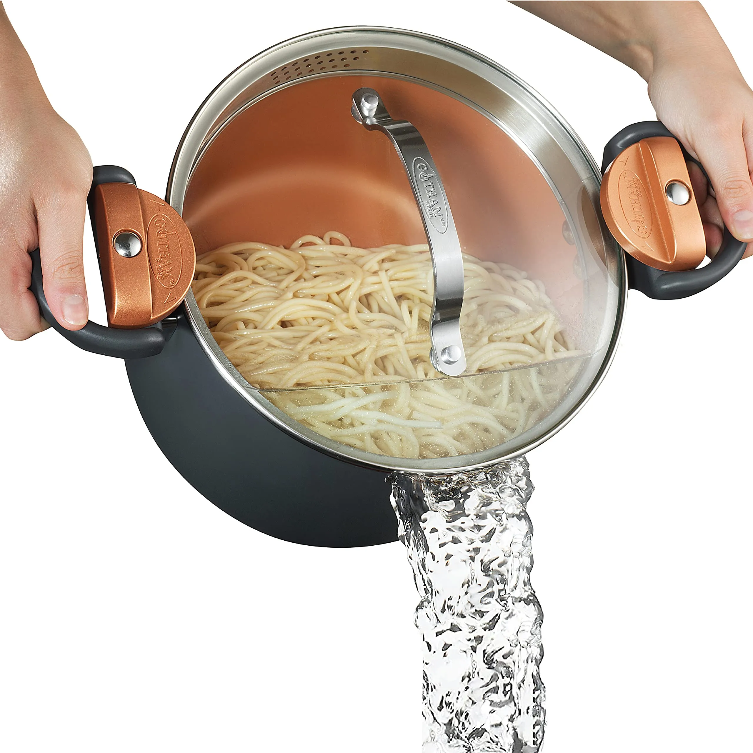 GOTHAM STEEL 5 Qt Ceramic Stock Pot Multipurpose Pasta Pot with Strainer Lid & Twist and Lock Handles, Nonstick Ceramic Pot for Soup, Spaghetti, Rice, Pots for Kitchen, Dishwasher Safe - Copper