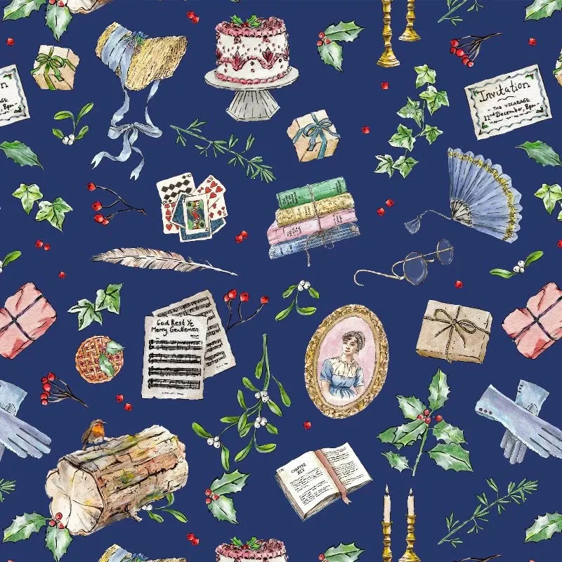 Jane Austen Christmas Gift Wrap in Navy
