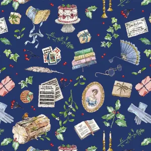 Jane Austen Christmas Gift Wrap in Navy