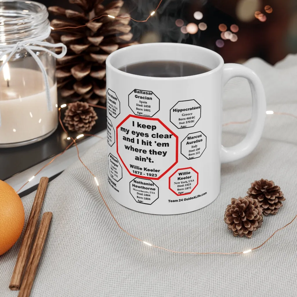 MW-24.4-I keep my eyes clear and I hit 'em where they ain't.  -  Willie Keeler  1872 - 1923 - Drink Wisely in MugWisdom - Ceramic  11oz cup