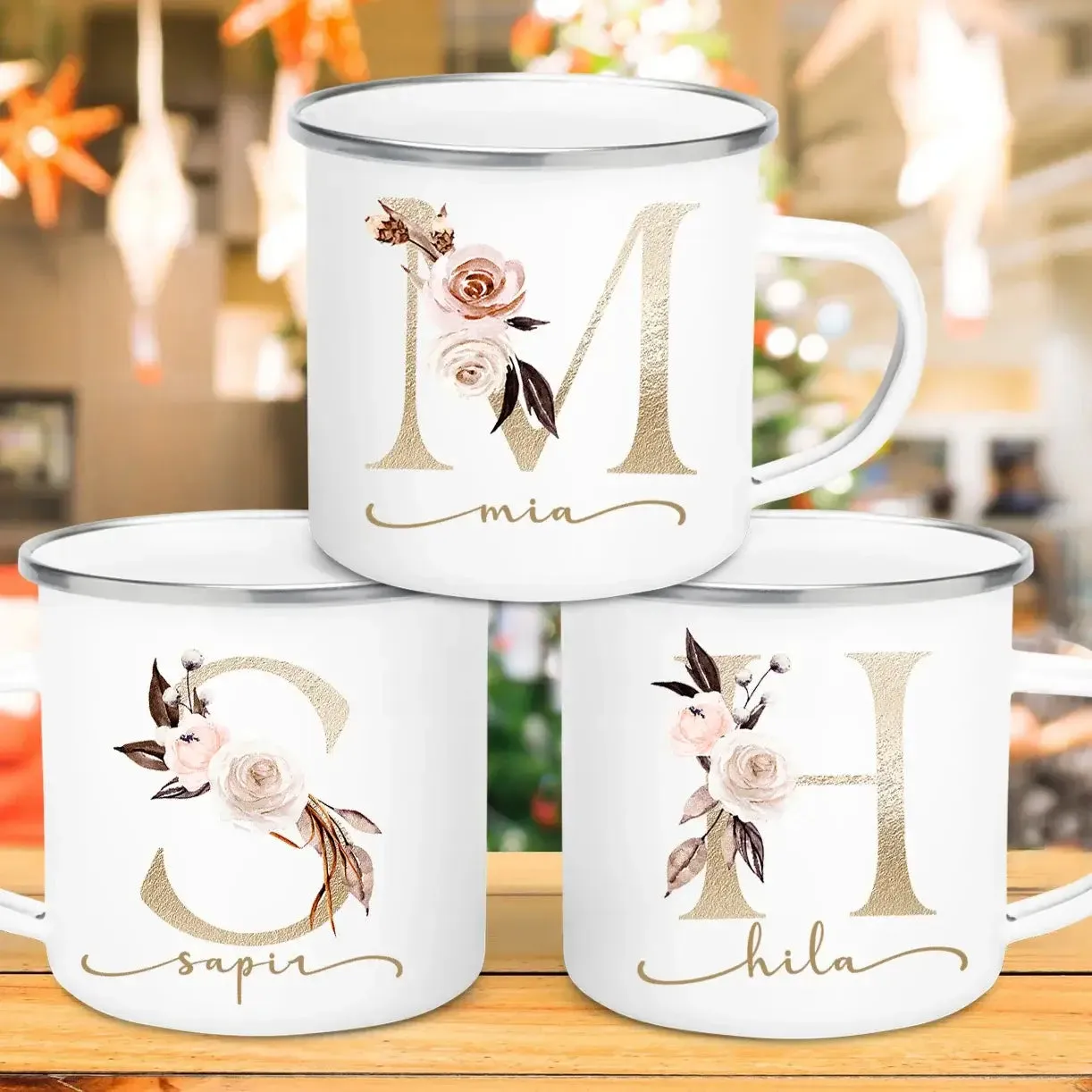 Personalized Floral Print Initial Name Mugs
