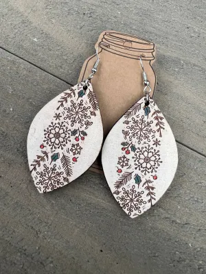 Vintage Snowflake Engraved Hand Painted Wood Earrings