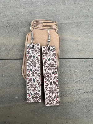 Vintage Snowflake Rectangle Engraved Wood Earrings