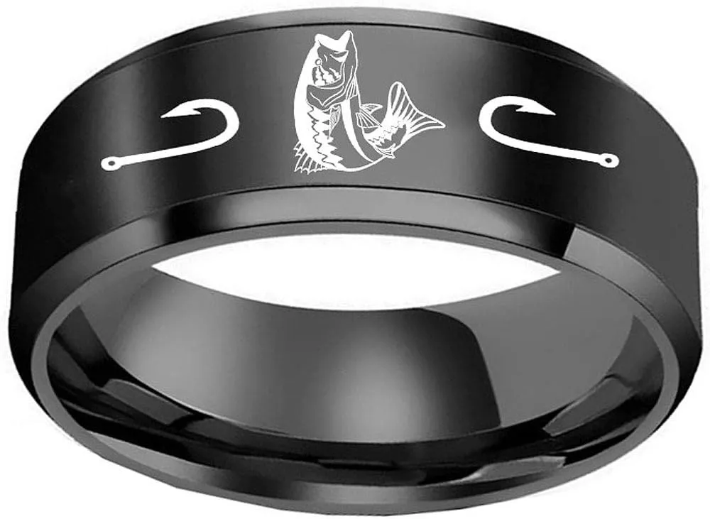 XAHH Men's 8mm Polished Titanium Steel Ring Engraved Hunting Fishing Pattern Black Band