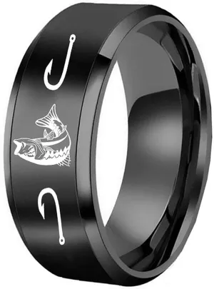 XAHH Men's 8mm Polished Titanium Steel Ring Engraved Hunting Fishing Pattern Black Band