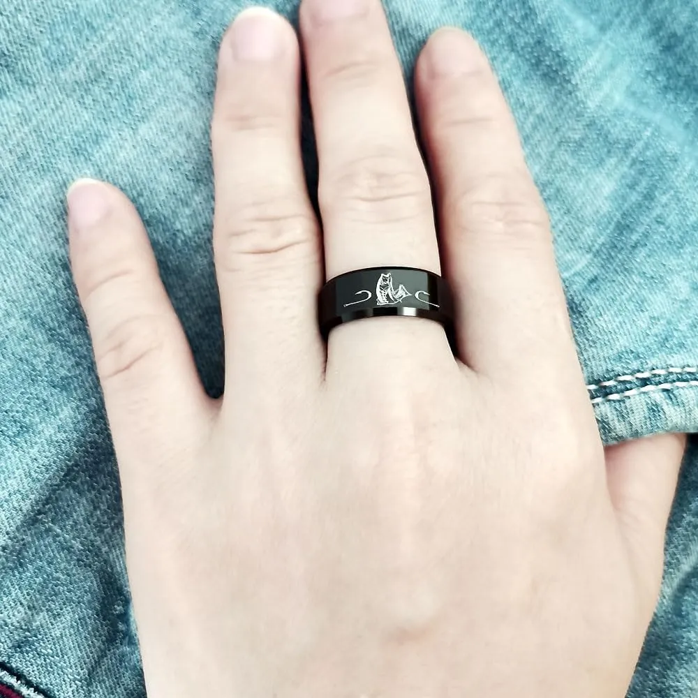 XAHH Men's 8mm Polished Titanium Steel Ring Engraved Hunting Fishing Pattern Black Band